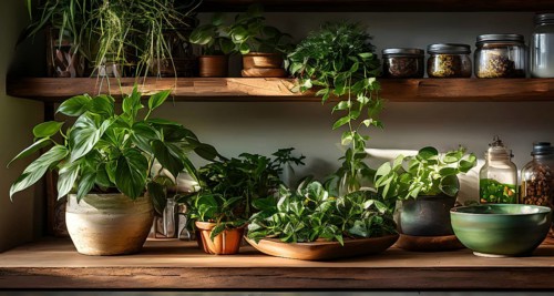 A sunlit kitchen corner, with a rustic wooden shelf holding neatly arranged ceramic bowls and a