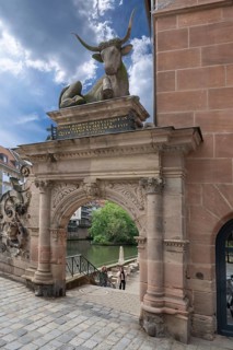 Ox figure above an archway of the former slaughterhouse, Nuremberg, Middle Franconia, Bavaria,