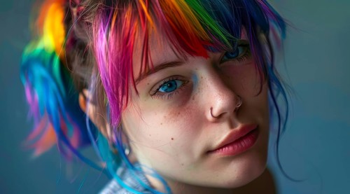 Portrait of a lesbian LGBTQ young lady with colored rainbow hair and piercings, AI generated