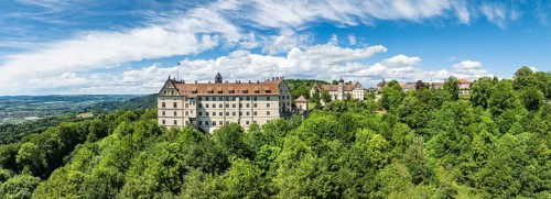 Aerial view, panorama of Heiligenberg Castle, a Renaissance-style castle complex, administrative