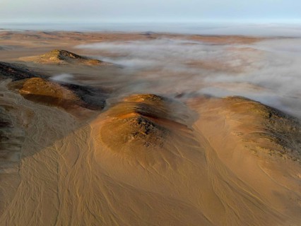 Coastal fog over the desert, aerial view, Hoarusib dry river, Kaokoveld, Kunene region, Namibia,