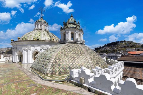 Quito, Ecuador. Society of Jesus church near cathedral basilica San Francisco in historic center
