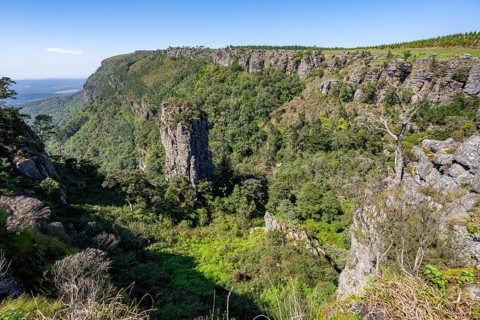 Rock needle in a densely forested canyon, Pinnacle Rock, view over canyon landscape, near Graskop,