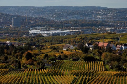 View of MHPArena, MHP Arena, Gaskessel, Stuttgart, over vineyard, vines, grapevines, viticulture,