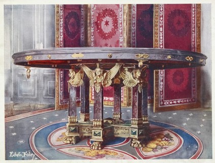 Furniture around the turn of the century 1900, Circular table of various marbles, with chased gilt