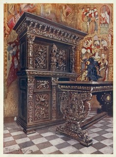 Furniture around the turn of the century 1900, Carved oak armoire, Carved oak table (1910, 1911),