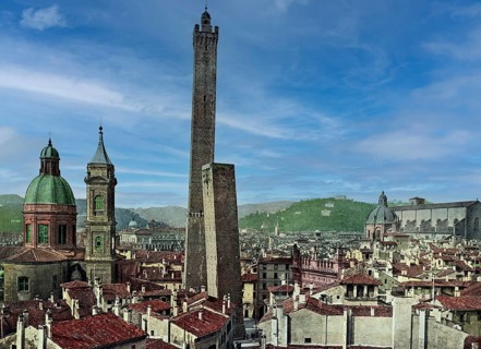 The two leaning towers Garisenda and Asinelli in Bologna, Italy, 1890, Historical, digitally