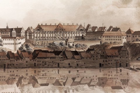 View of the town of Meersburg around 1790, New Castle, copperplate engraving by Johann Heinrich