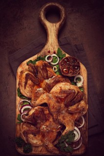 Fried, quail meat, tobacco (tapaka), with spices, homemade, no people