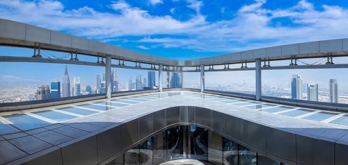 UAE, Skywalk Sky Views observation deck. Dubai panoramic skylineof city downtown and Dubai Mall.