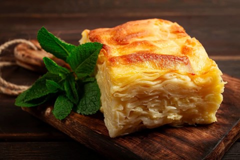 Achma, khachapuri, Georgian cuisine, homemade, no people, on a wooden background