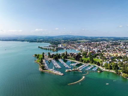 Harbour area, ferry port, yacht harbour, marina of Romanshorn with lake park, aerial view, Lake
