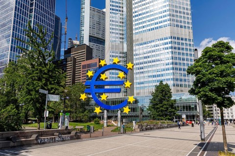 Euro sign symbolising Europe with banks High-rise buildings on Willy-Brandt-Platz in Frankfurt,