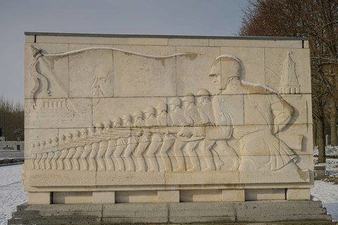 Sarcophagus with stone relief, Heroic Army, Soviet Memorial, Winter, Treptower Park, Treptow,