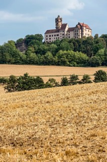 Ronneburg Castle, knight's castle from the Middle Ages, harvested grain fields, field, hill,