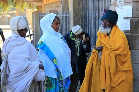 Tigray region, city of Axum, Aksum, believers, pilgrims in front of the church, Ethiopia, Africa