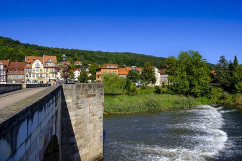 Old Werra Bridge, half-timbered houses on the Werra, Hannoversch Münden, Hann. Münden, Lower