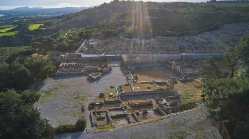 Drone shot, first morning light, backlight, sun rays, Ancient ruins of an archaeological site