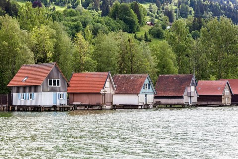 Boathouses in Bühl, Großer Alpsee, near Immenstadt, Oberallgäu, Allgäu, Bavaria, Germany, Europe