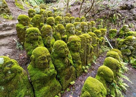 Moss-covered stone statues of rakans, the disciples of Buddha, Otagi Nenbutsu-ji temple, Kyoto,