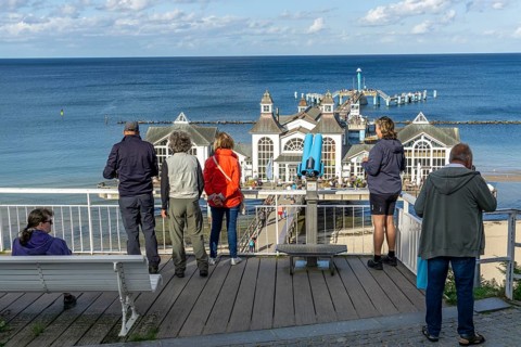 The pier of Sellin, 394 metres long, with restaurant, jetty, tourists, island of Rügen,