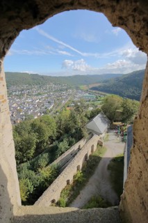 View from the keep of Nassau Castle built in 1093, view down, view, Lahntal, landscape, cityscape,