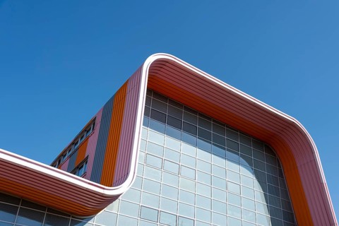 Colourful roof façade, Experimental Factory, Magdeburg, Saxony-Anhalt, Germany, Europe