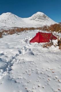 Tent in mountain landscape, Sarek National Park, Laponia World Heritage Site, Norrbotten, Lapland,