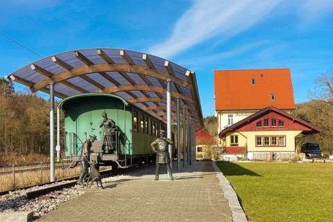 Durlesbach railway station, opened in 1849 and decommissioned in 1984, railway monument, railway