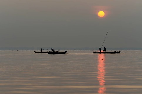 Fishermen on the Vembanad Lake at sunrise, Kerala, South India, India, Asia