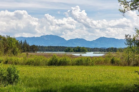 A lake with grassy meadows and mountains in the background under a cloudy sky, Easter Lakes