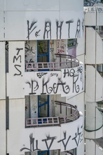 Graffiti, graffitied balconies, social housing, Kreuzberg centre, Kottbusser Tor, Kreuzberg,