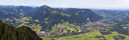 Panorama from Grünten, 1738m, into the Illertal, Immenstadt, Alpsee and Allgäu Alps, Oberallgäu,