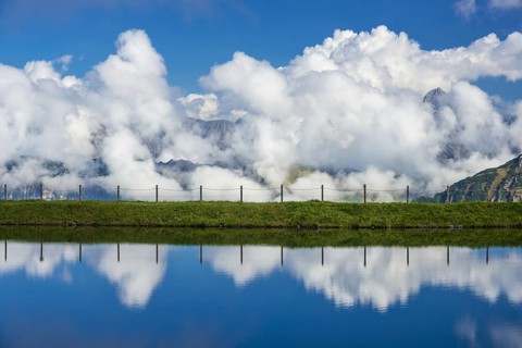 Artificial lake, Riezler Alpsee, snow pond, at the mountain station of the Kanzelwand cable car,
