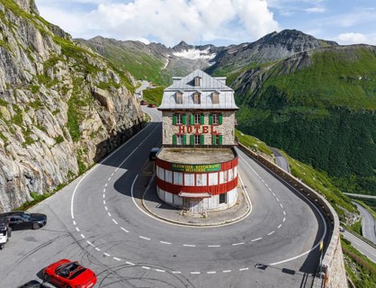 Hotel Belvédère on the Furka Pass, the most famous pass hotel in the world. The building is closed