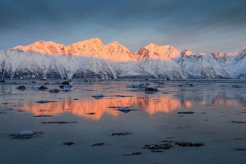 Morning light, mountains, snowy, reflection, sea, coast, fjord, winter, Lyngen Alps, Norway, Europe