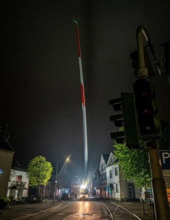Transport of a 68 metre long, 22 tonne blade of a wind turbine, here in Breckerfeld, with a