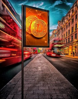 Symbolic image, Bitcoin poster in London, questionable vision of the future, stock market prices,