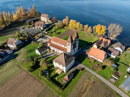 Aerial view of the north-western tip of the island of Reichenau in autumn with the district of