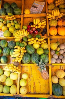 Fruit for sale in yellow bins, Sri Lanka, Asia