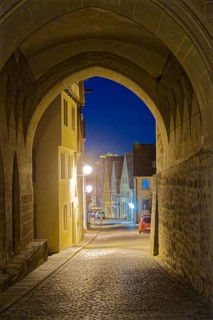 View from St Jakob's Church into Klingengasse in the old town of Rothenburg ob der Tauber,