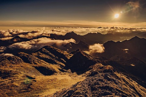 Sunrise hike on the Hochplatte in the Ammergau Alps, Ammergebirge in the Allgäu, Bavaria, Germany,