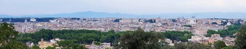 View of the city from the Gianicolo viewpoint with the Vittorio Emanuele II monument, Rome, Lazio,