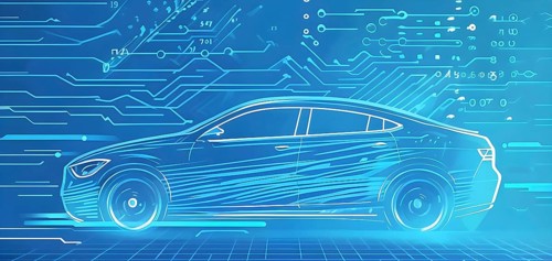 Sport car silhouette with vibrant blue dynamic lines showing motion, surrounded by data streams, AI