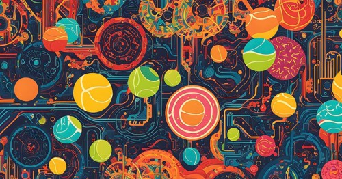 Vibrant mix of abstract circuitry intertwined with tennis balls, representing AI role in