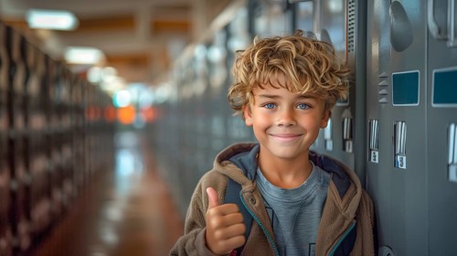 Cute caucasian school boy giving a thumbs up in the hallway of his school. generative AI, AI