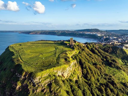 Scarborough Castle from a drone, Scarborough, North Yorkshire, England, United Kingdom, Europe