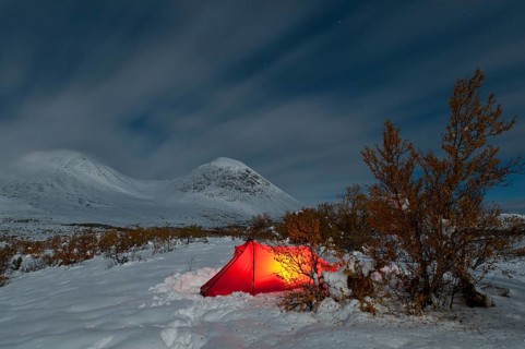 Tent in mountain landscape, Sarek National Park, World Heritage Laponia, Norrbotten, Lapland,