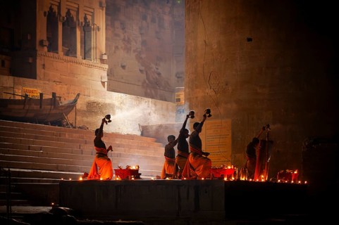 Nocturnal Aarti fire ceremony at the Ganges, Varanasi or Benares or Kashi, Uttar Pradesh, India,