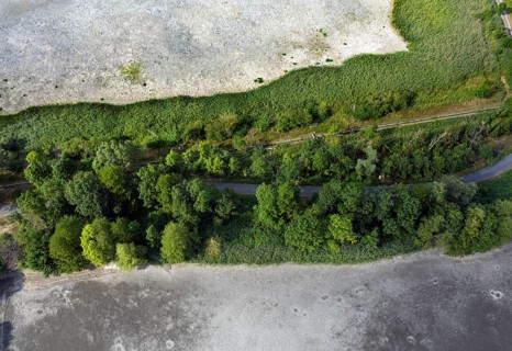 Aerial view of dried up fish ponds in Reckahn in Brandenburg. The Plane, a river that normally